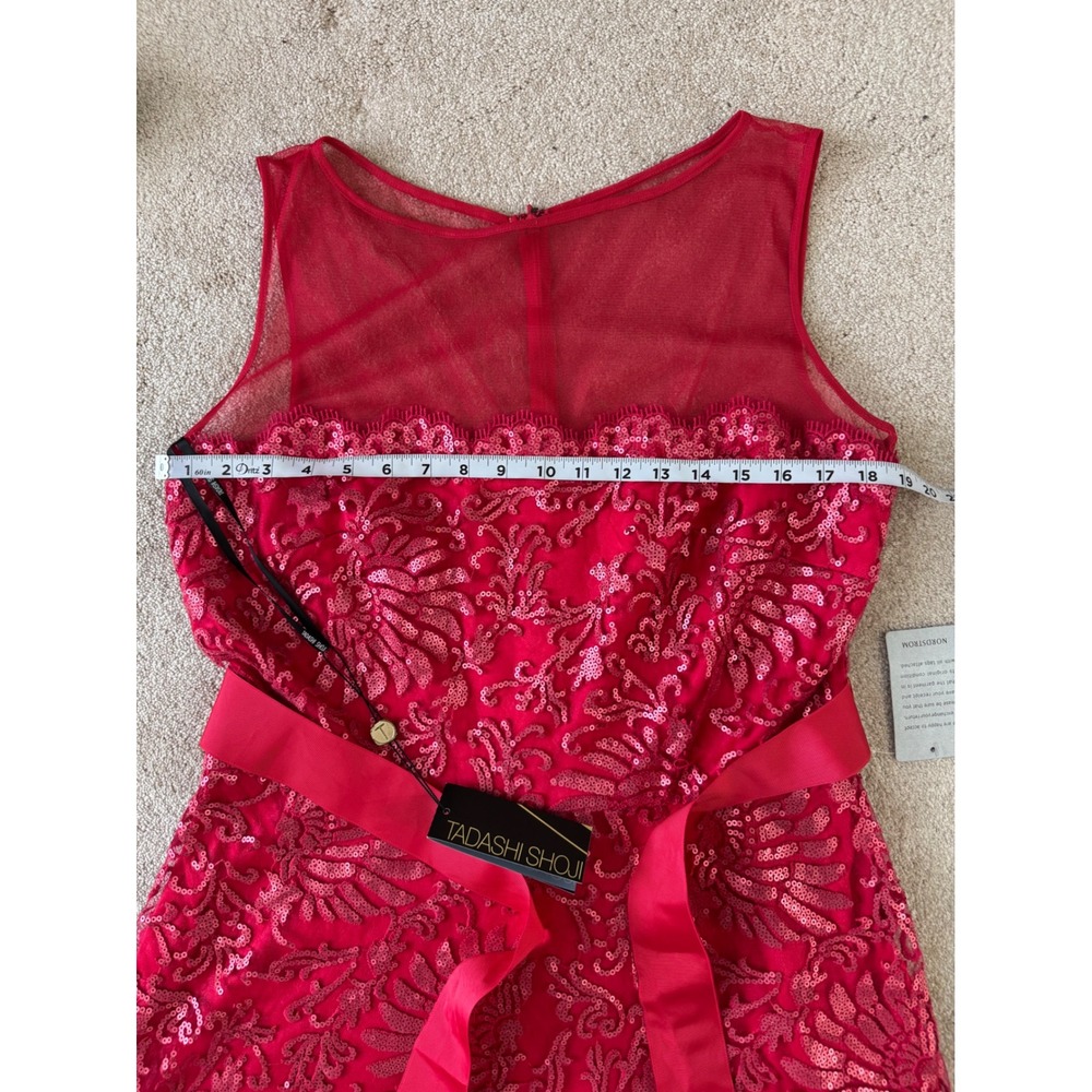 Tadashi Shoji Dress Womens 16 Red Sequin Lace Illusion Ribbon Belt Cocktail New - Picture 11 of 13